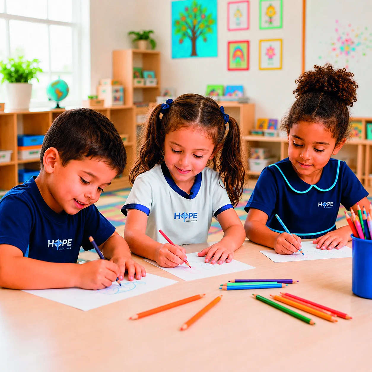 Três crianças de uniforme HOPE desenhando juntas à mesa