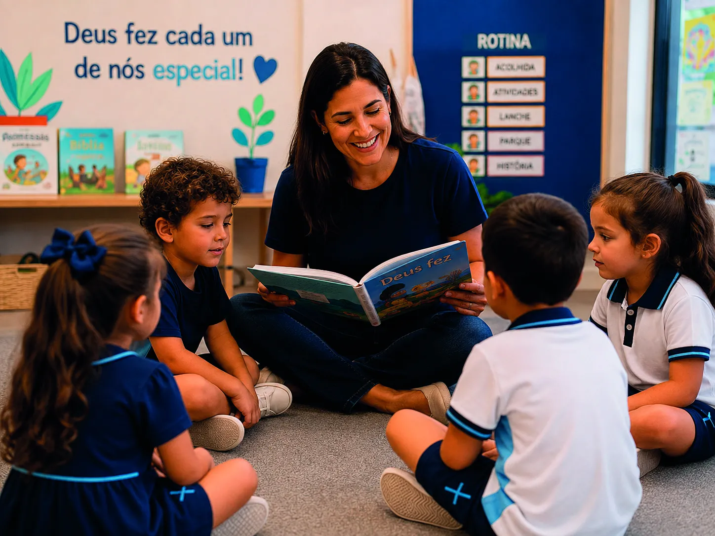 Professora lendo livro bíblico infantil para o grupo de crianças sentado