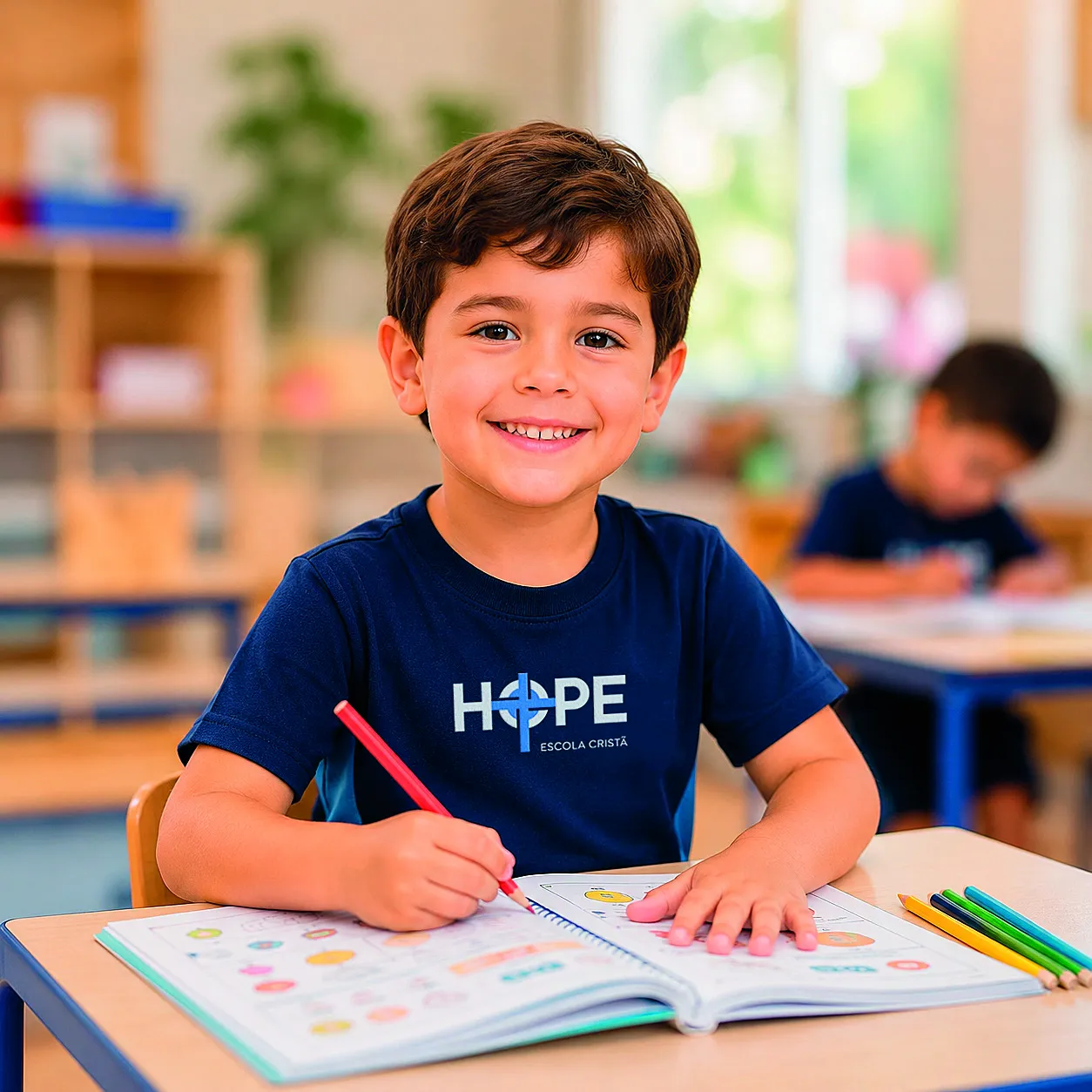 Menino sorrindo, escrevendo em caderno, uniforme HOPE