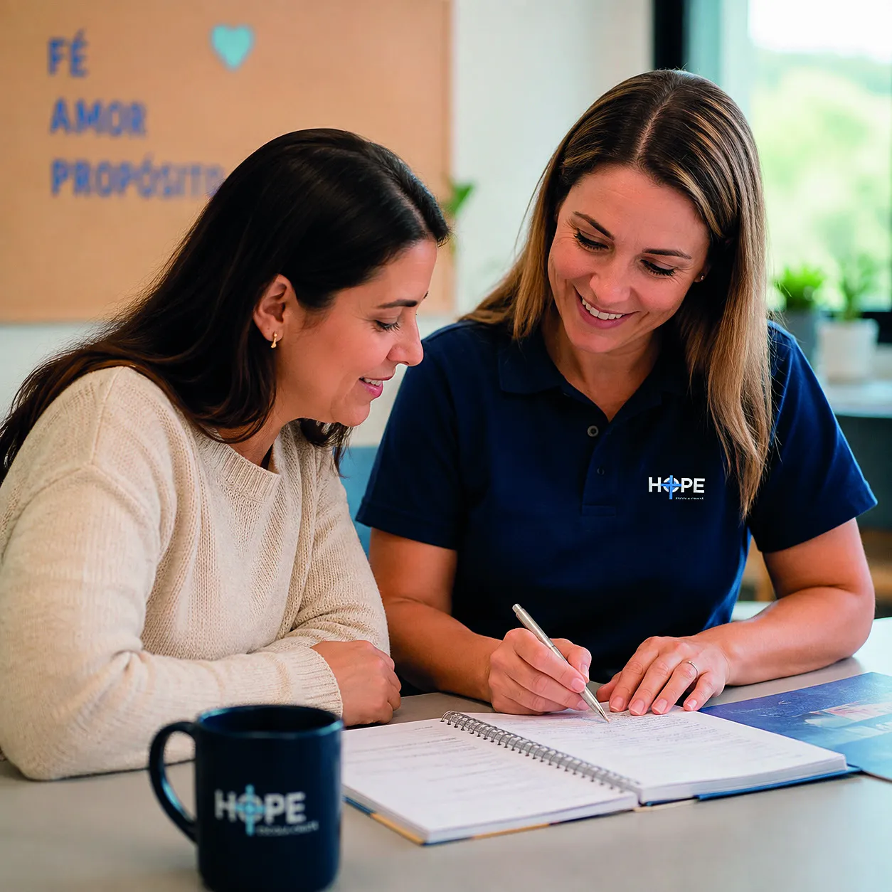Mãe e colaboradora da escola conversando com caderno aberto