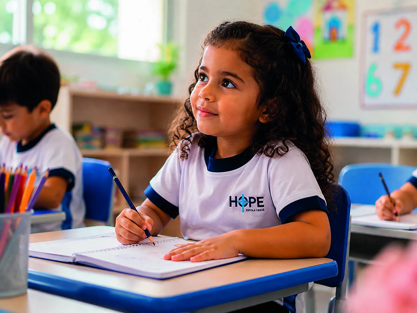 Menina de uniforme branco HOPE escrevendo na carteira escolar